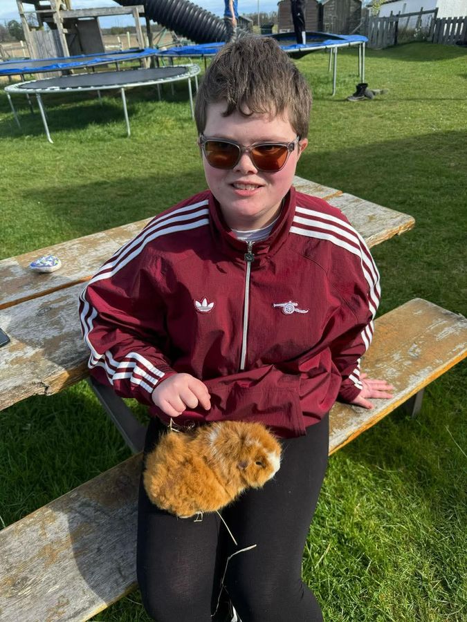 Holding a friendly guinea pig on the picnic bench